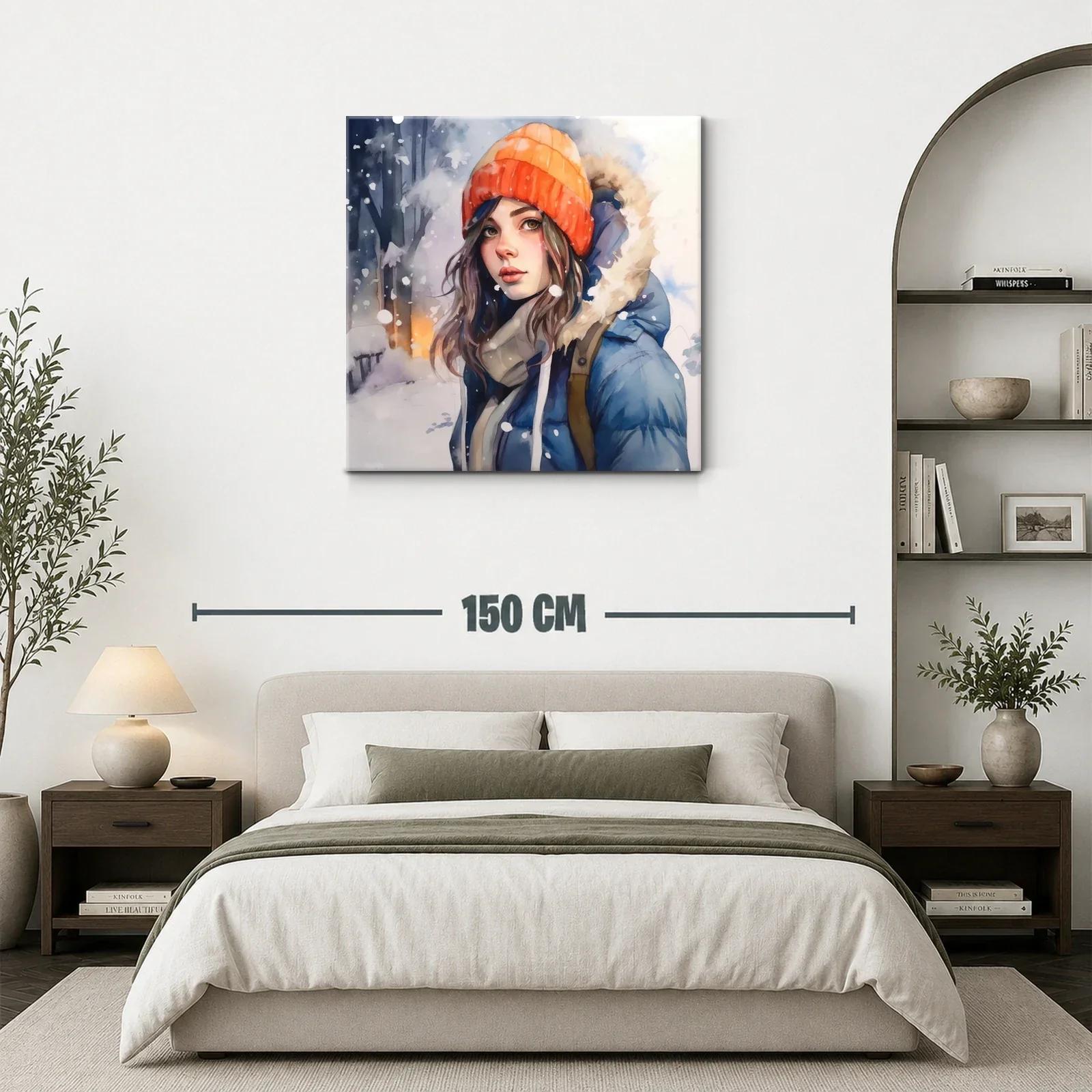 Retrato femenino invernal con gorro naranja y abrigo azul — miniatura 3
