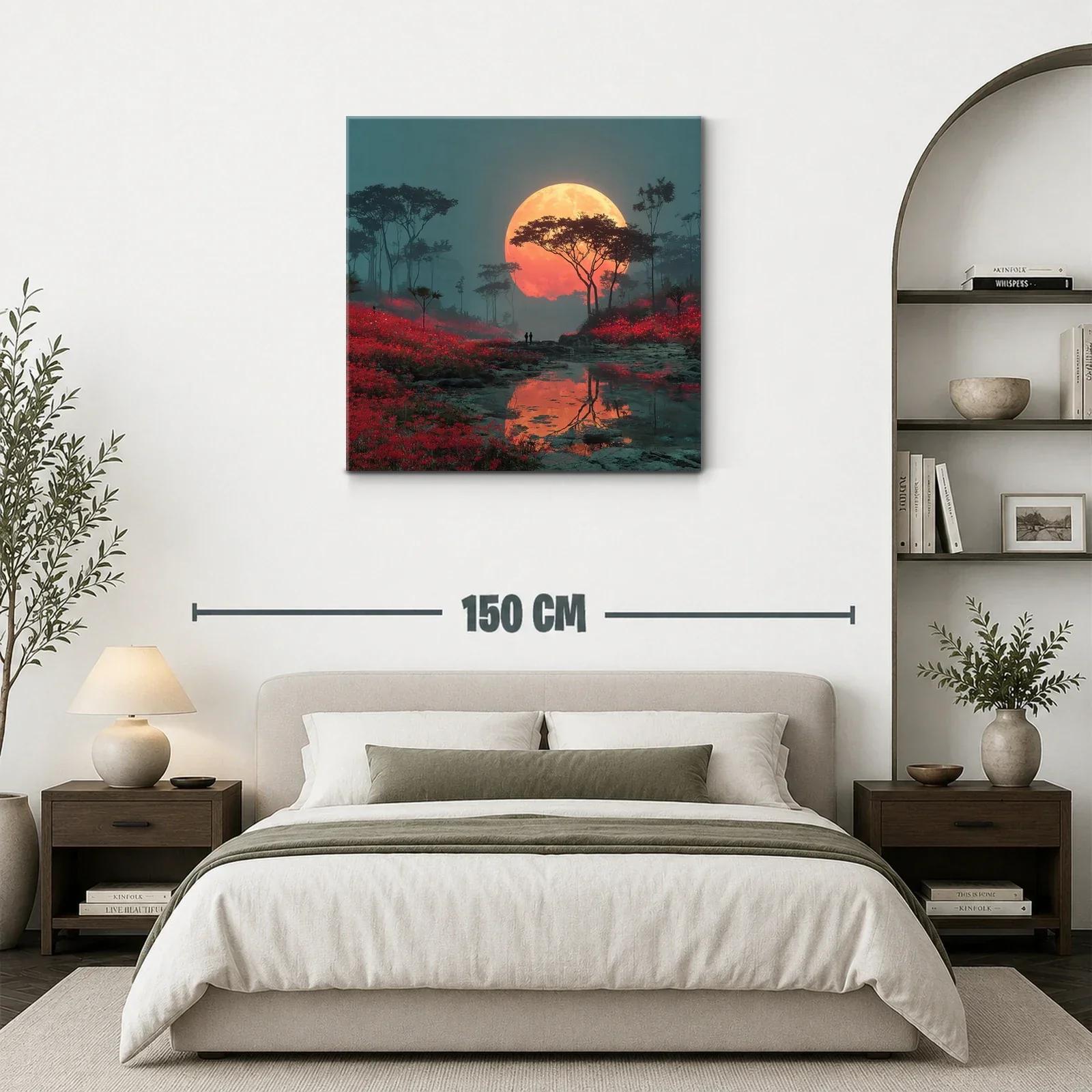 Paisaje nocturno con luna llena y campo rojo vibrante — miniatura 3