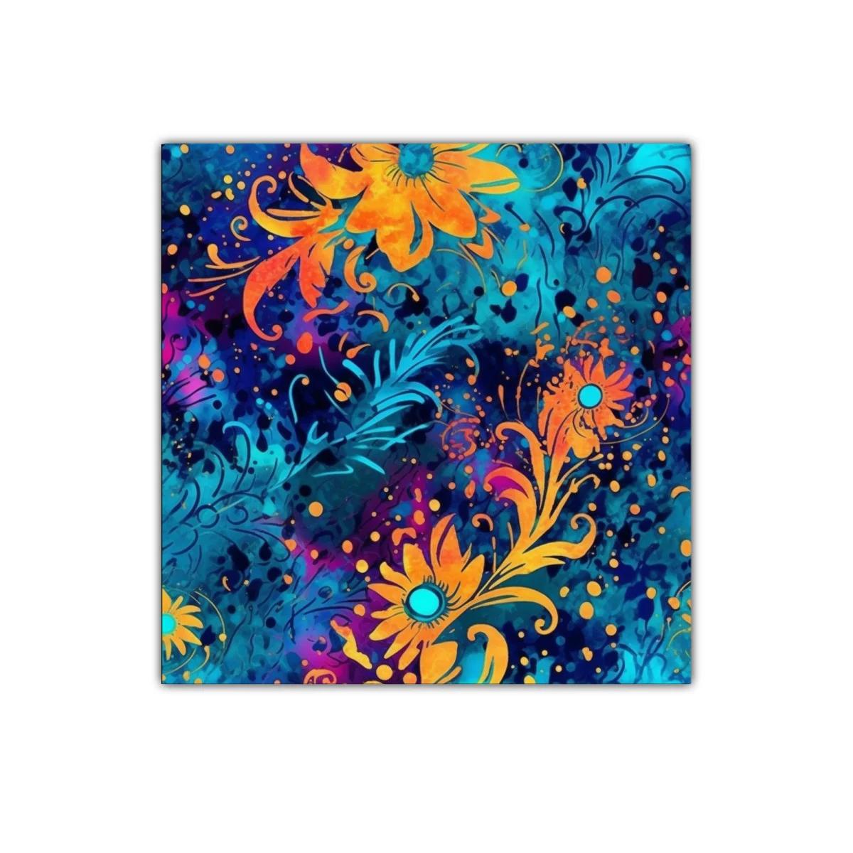 Cuadro decorativo con flores vibrantes y fondo azul intenso