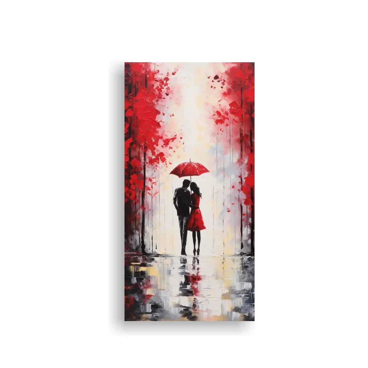 Cuadro pareja bajo paraguas rojo con reflejos en el suelo