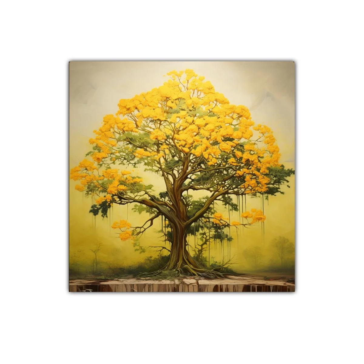 Árbol Amarillo con Raíces Detalladas en Fondo Suave
