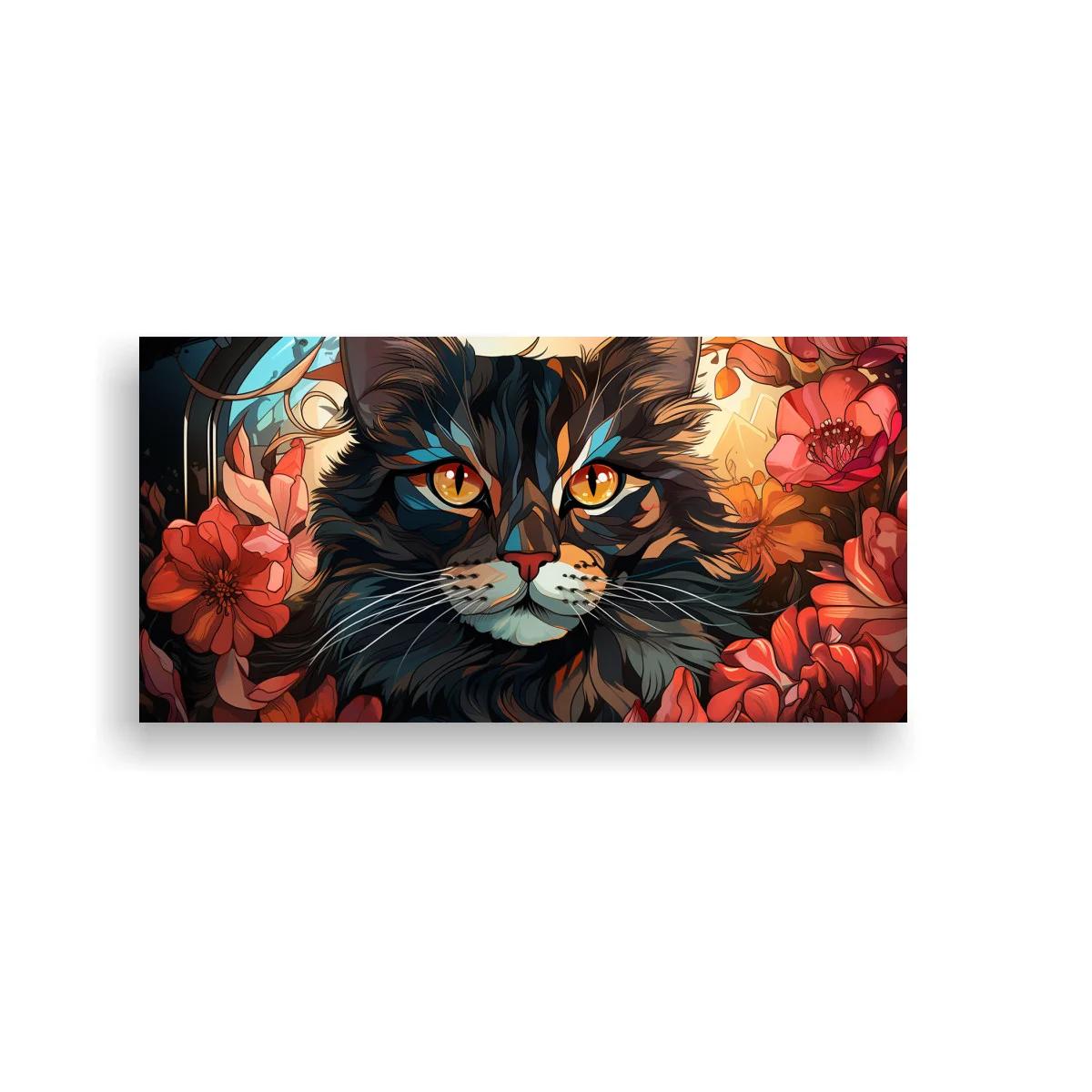 Cuadro gato negro de ojos ámbar entre flores y follaje