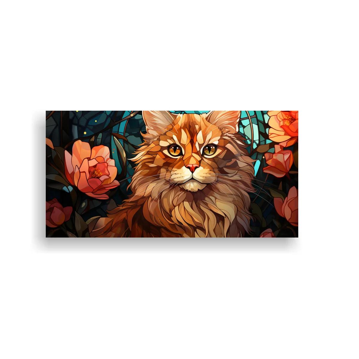 Cuadro gato naranja de pelo largo con fondo tipo vidriera