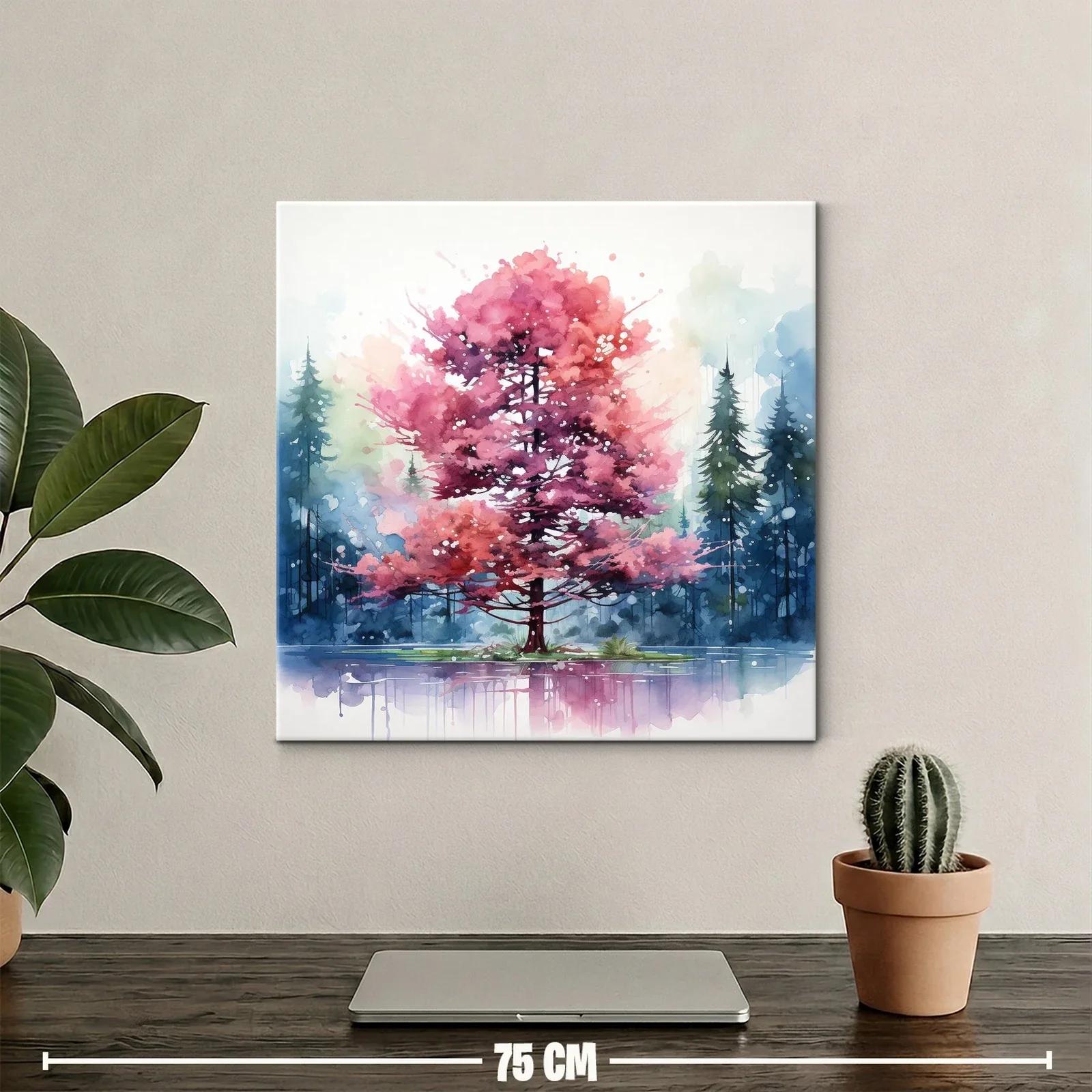 Árbol rosa en lago con fondo de pinos azules y verdes — miniatura 2