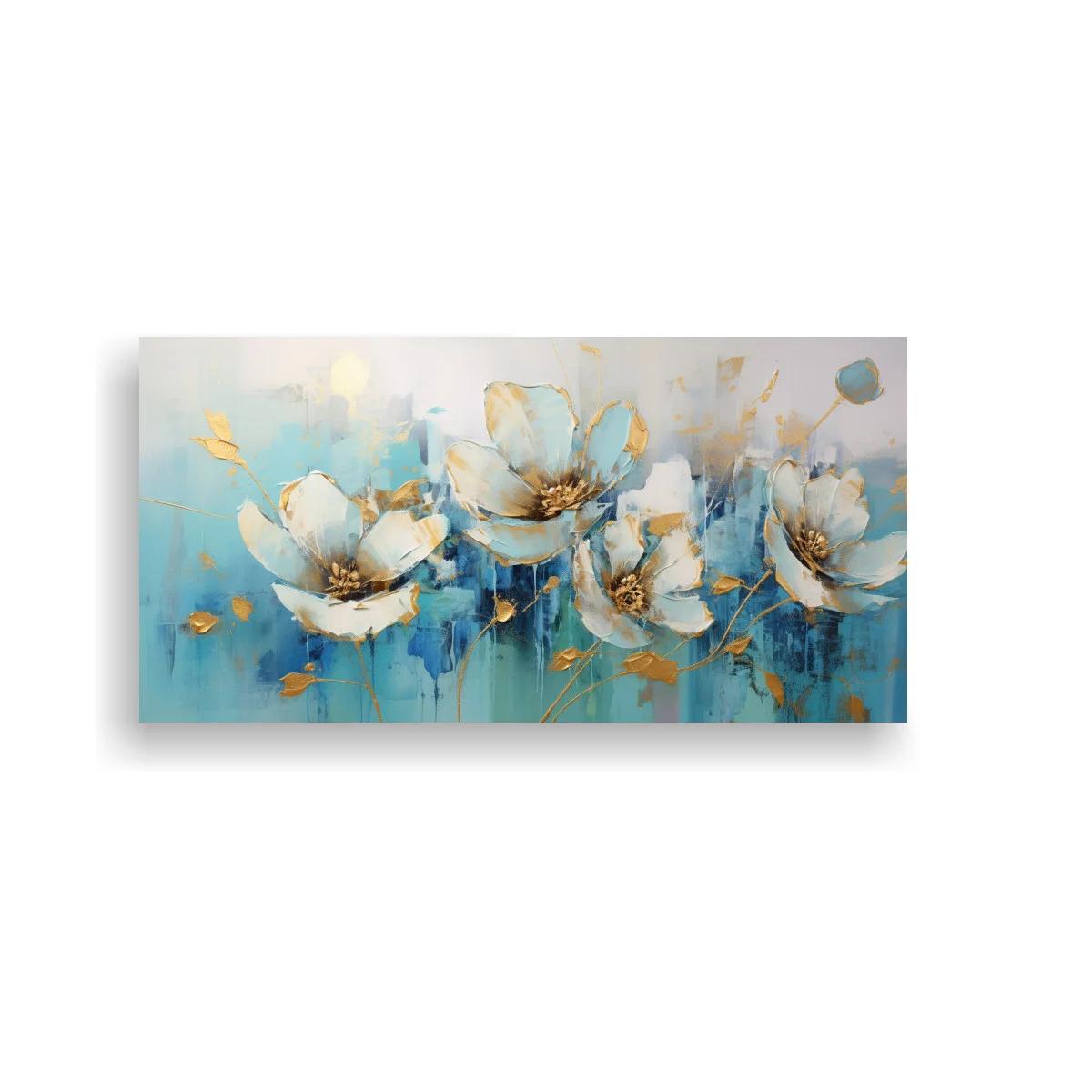 Cuadro magnolias blancas con fondo turquesa y dorado