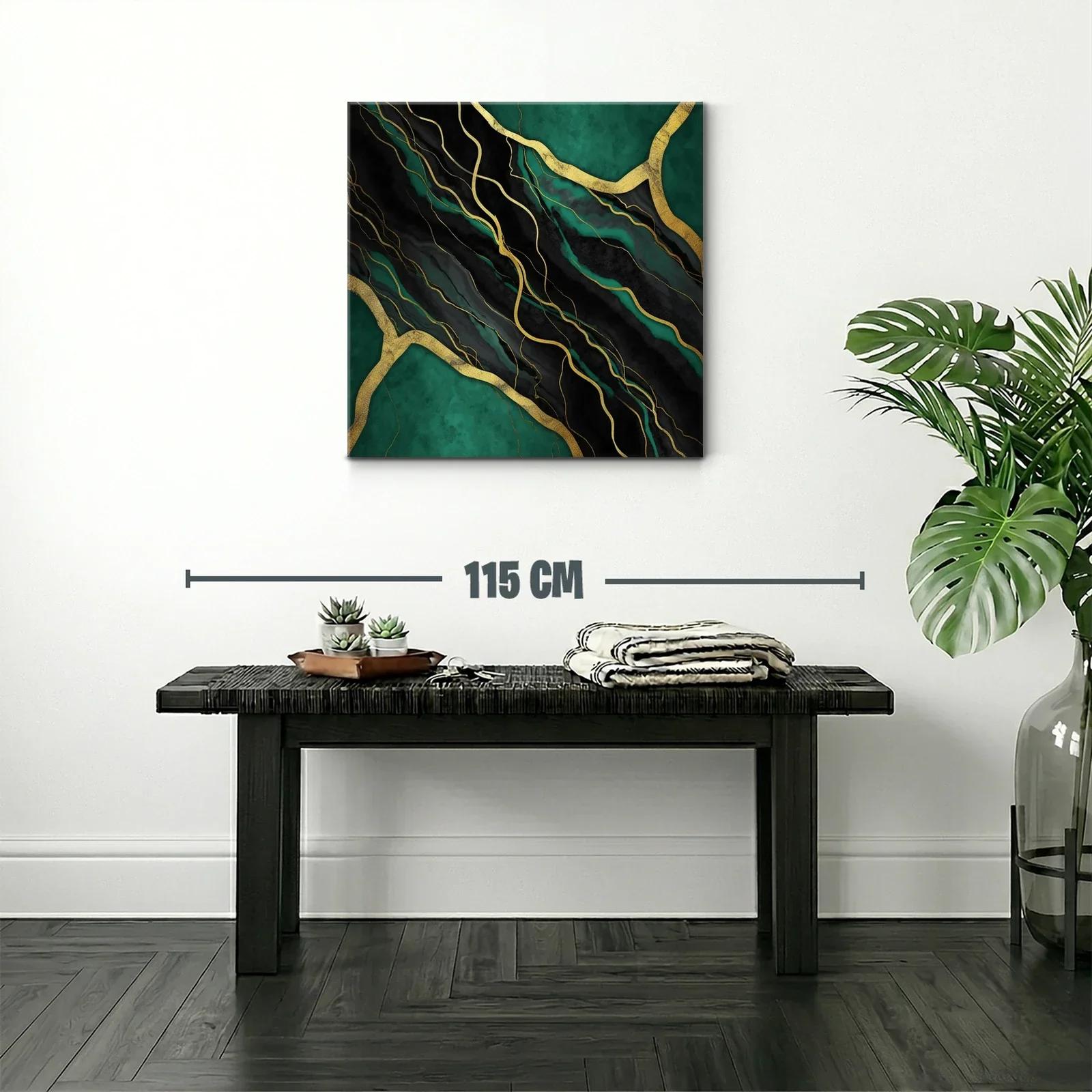 Cuadro abstracto en negro y verde con detalles dorados — miniatura 2