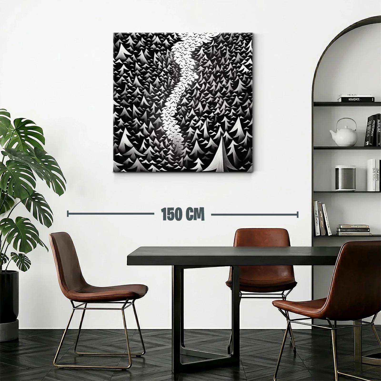 Bosque en blanco y negro con cielo lleno de aves — miniatura 2