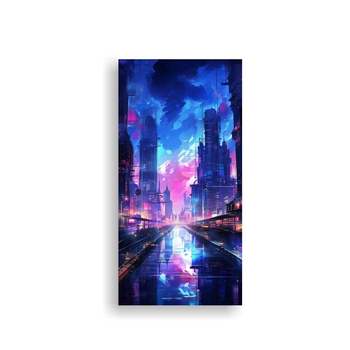 Cuadro ciudad futurista iluminada con avenida de neón