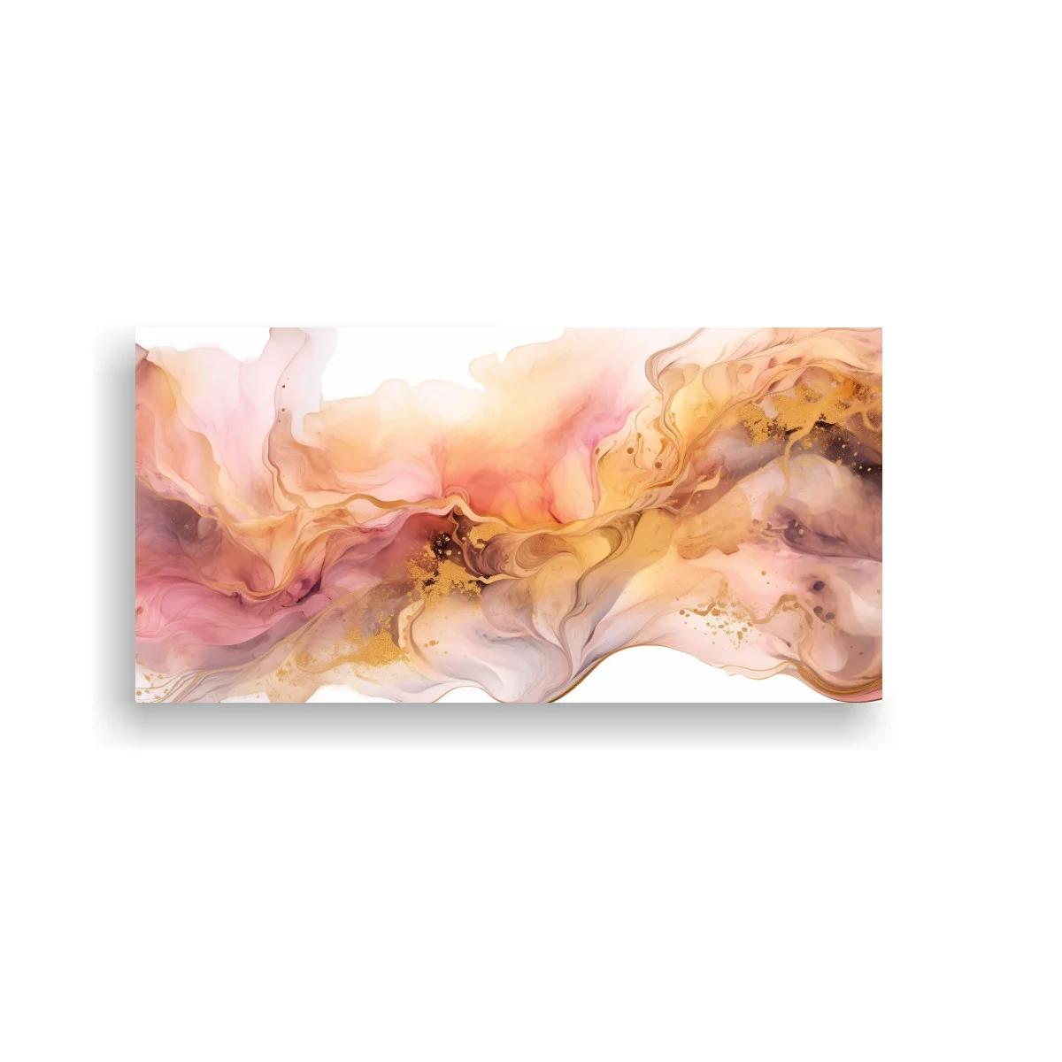 Cuadro abstracción fluida rosa y dorado con franja sinuosa