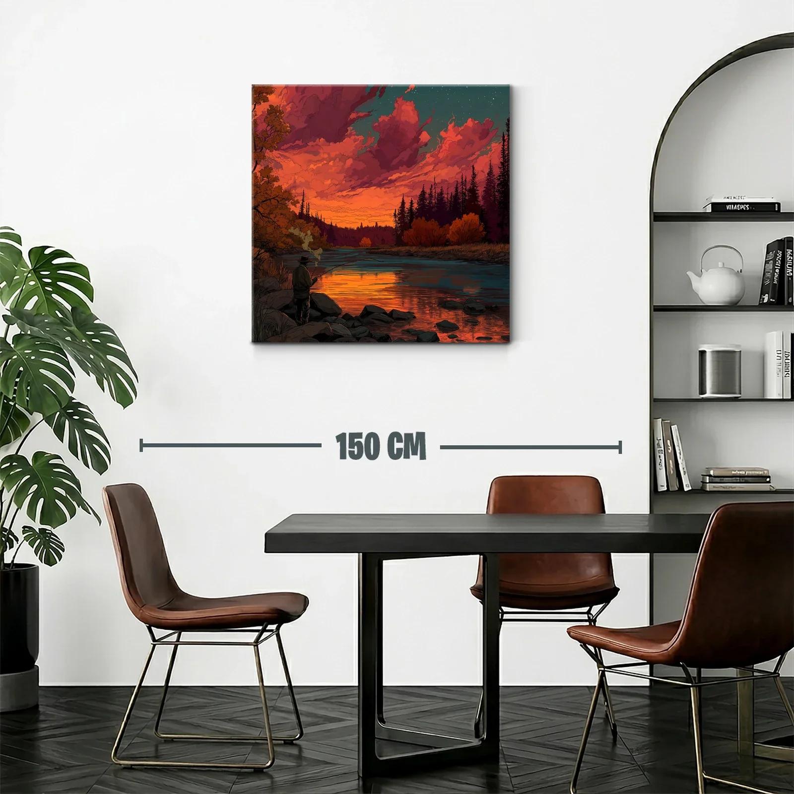 Puesta de sol vibrante en río con pescador solitario — miniatura 2
