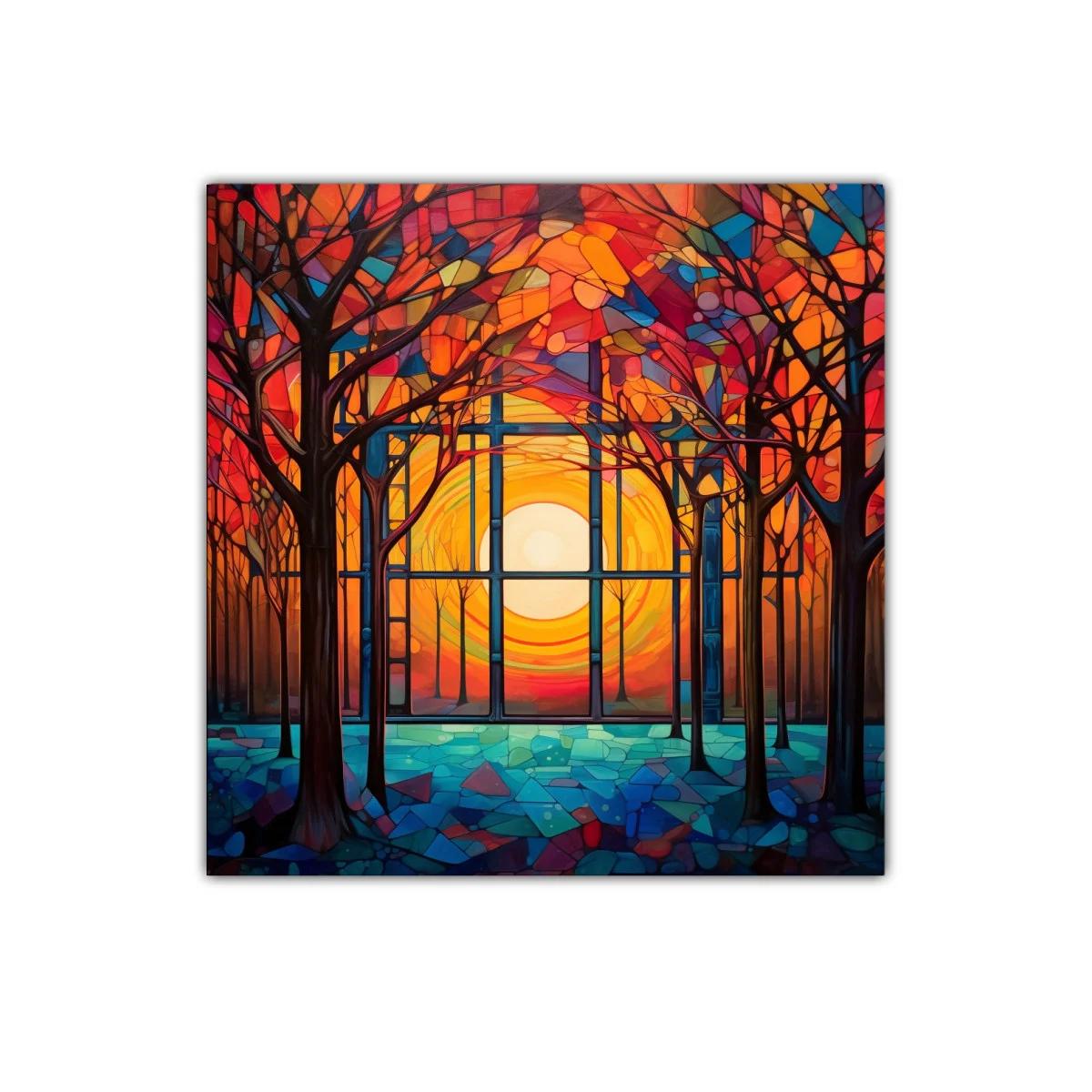 Atardecer entre árboles con ventanas coloridas — imagen principal