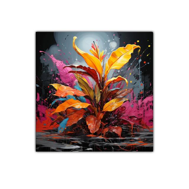 Cuadro decorativo con hojas vibrantes en tonos cálidos y contrastes intensos