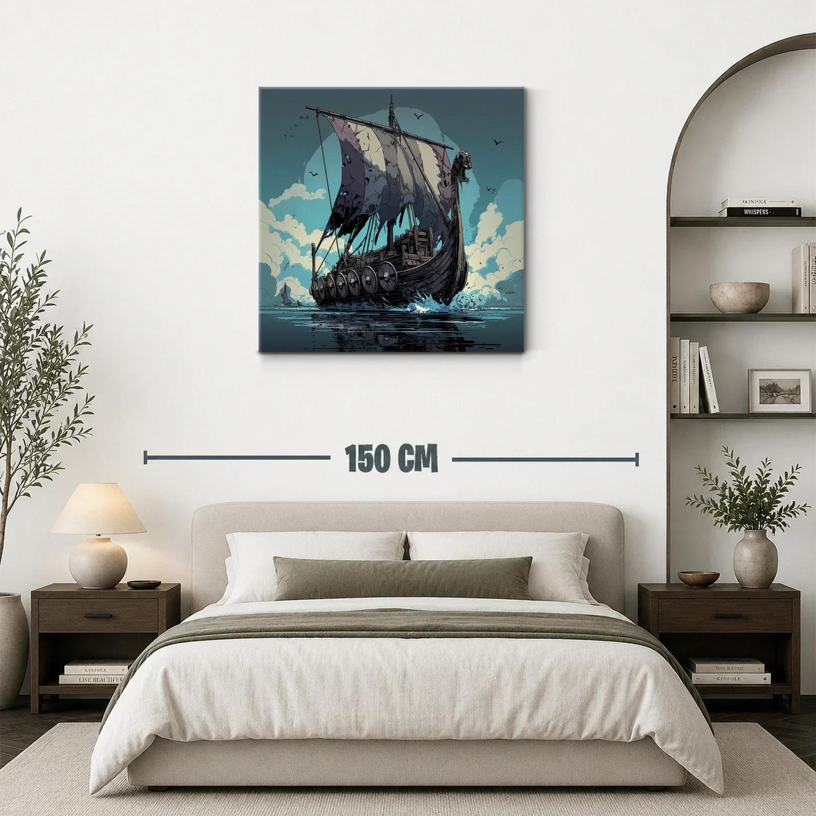 Barco Vikingo surcando el mar con velas desgastadas — miniatura 3