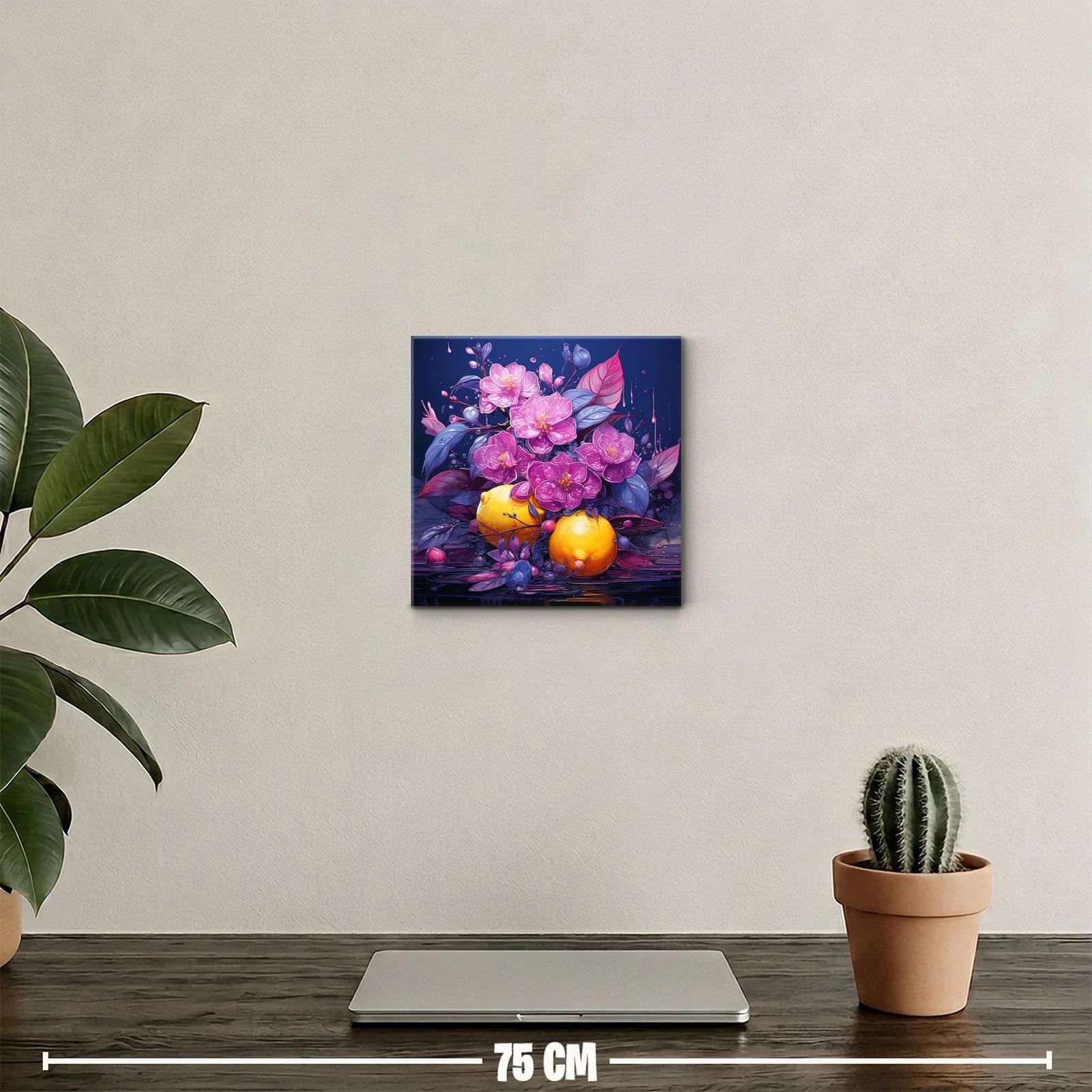 Composición vibrante con flores moradas y frutas amarillas — miniatura 2