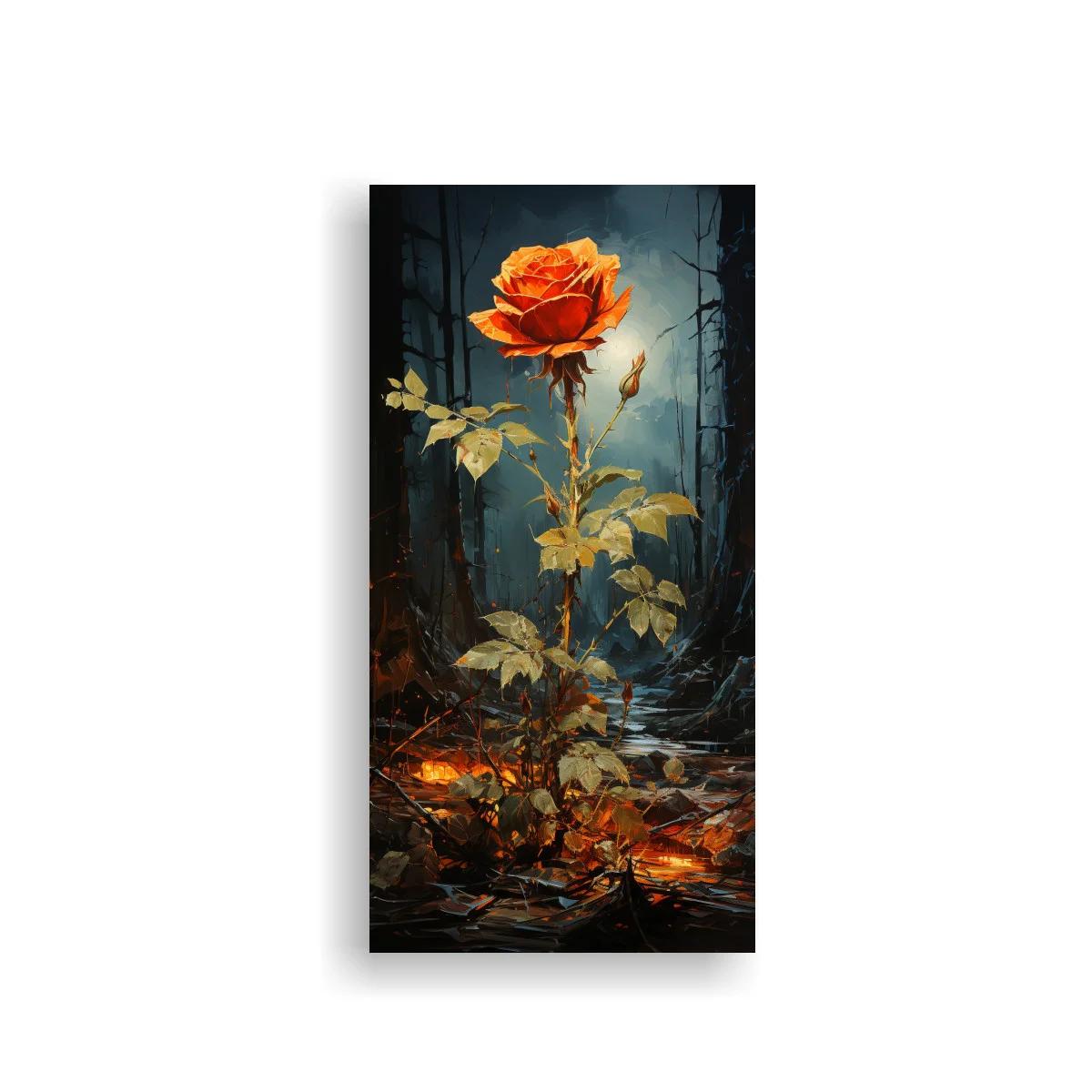 Cuadro rosa naranja entre brasas y bosque oscuro