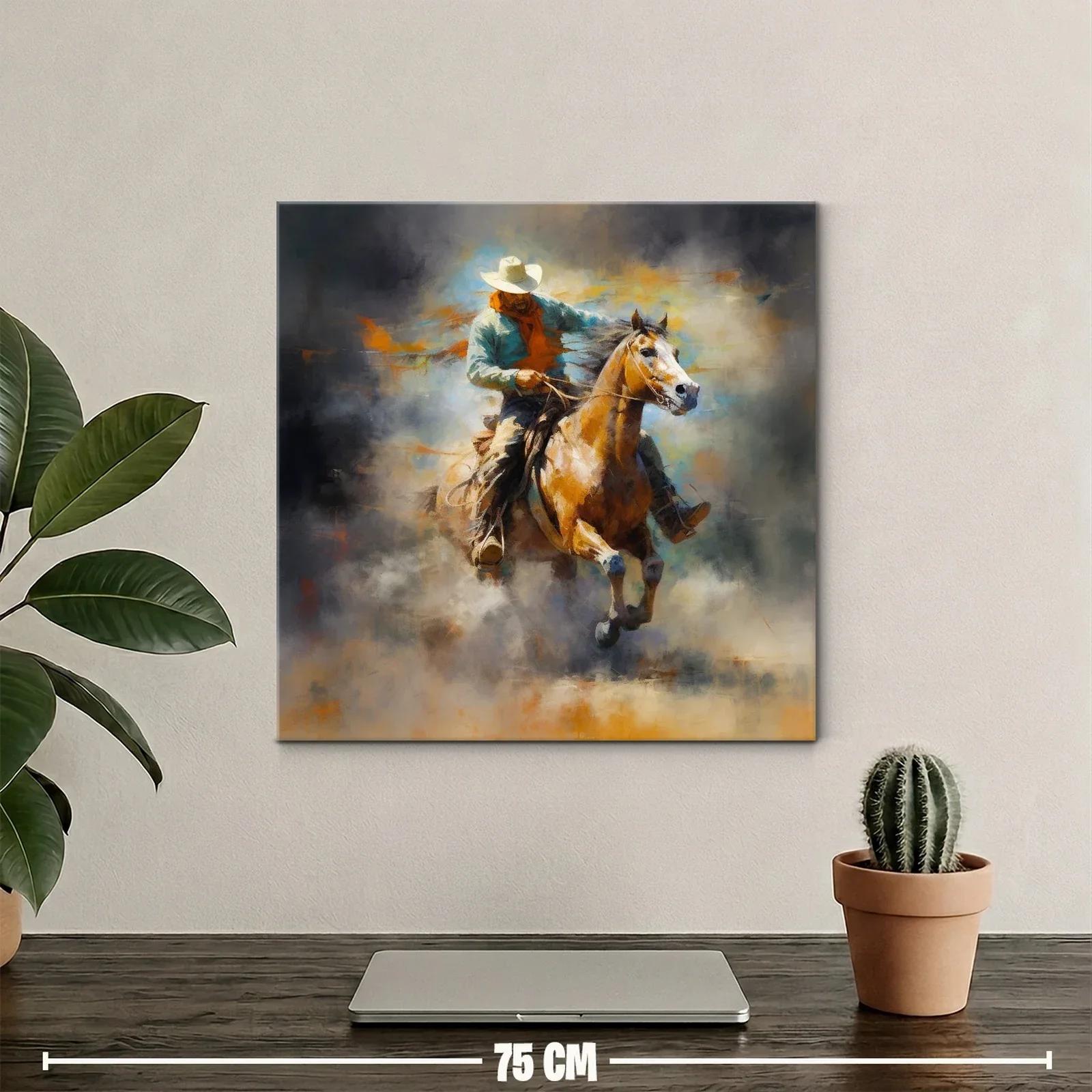 Cuadro de vaquero a caballo en movimiento con tonos cálidos — miniatura 2