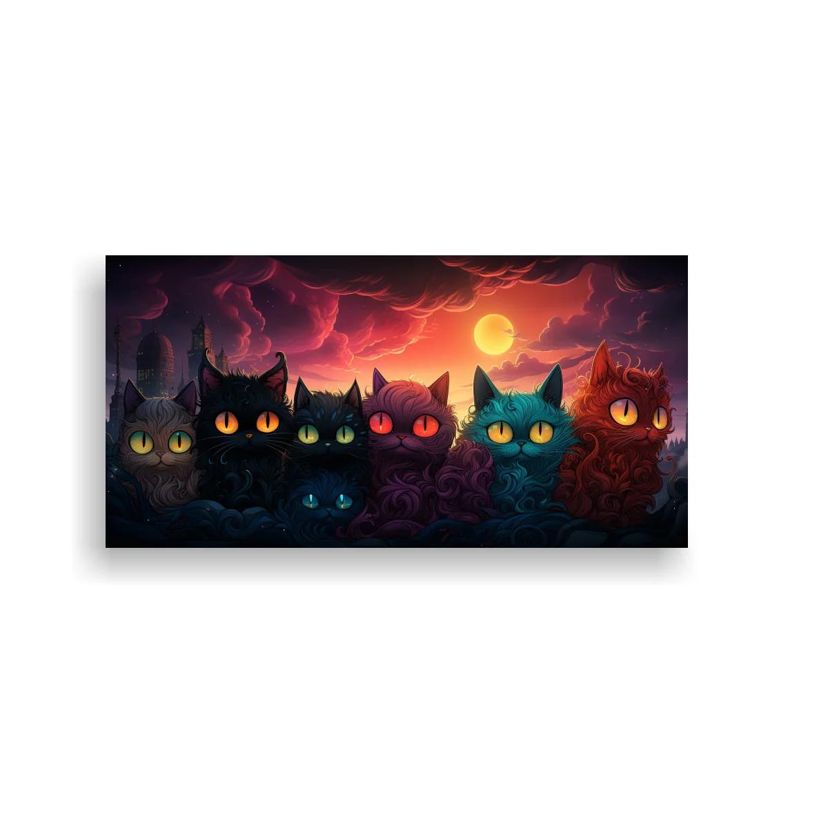 Cuadro grupo de gatos de ojos brillantes con luna llena y cielo rojo