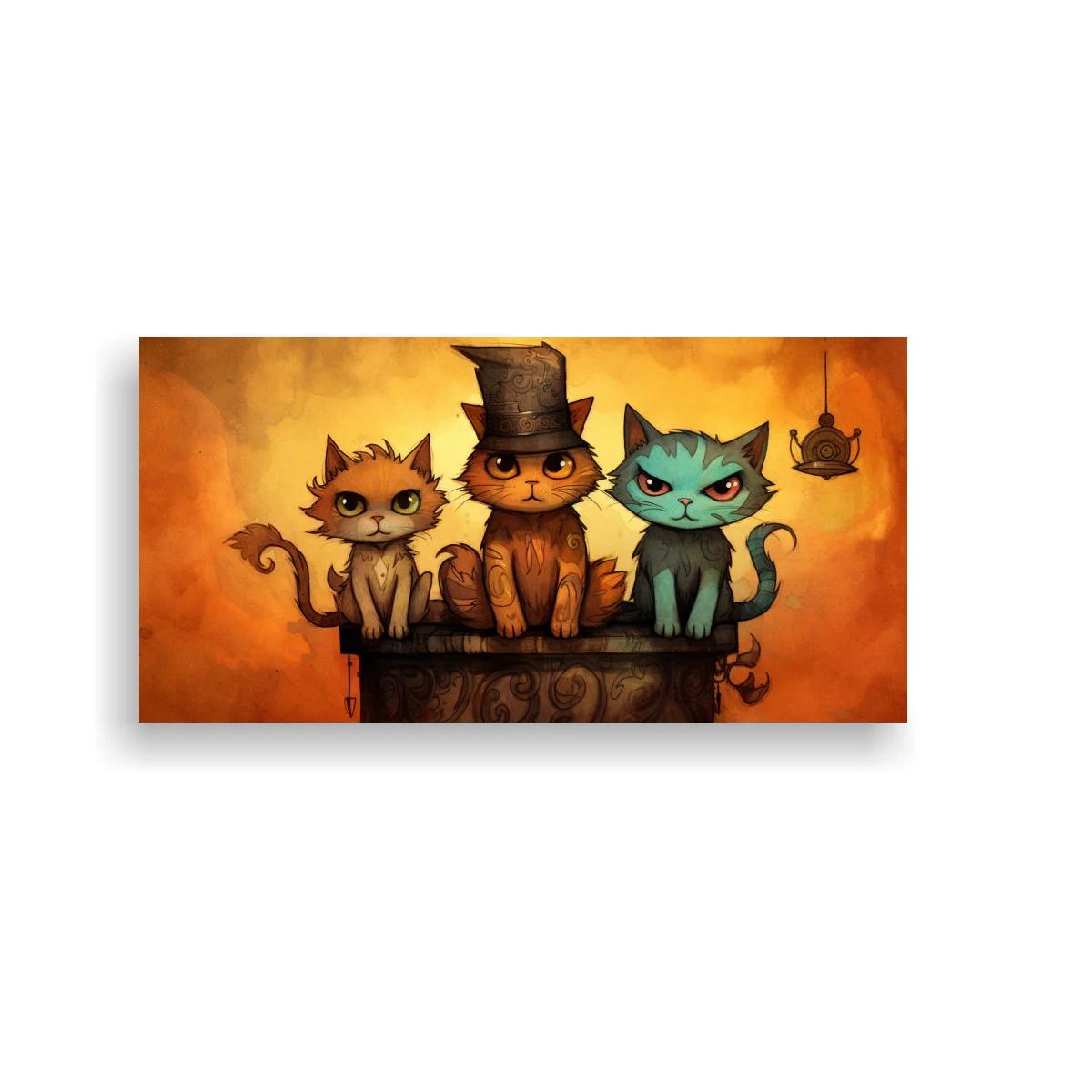 Cuadro tres gatos con sombrero de copa y volutas doradas