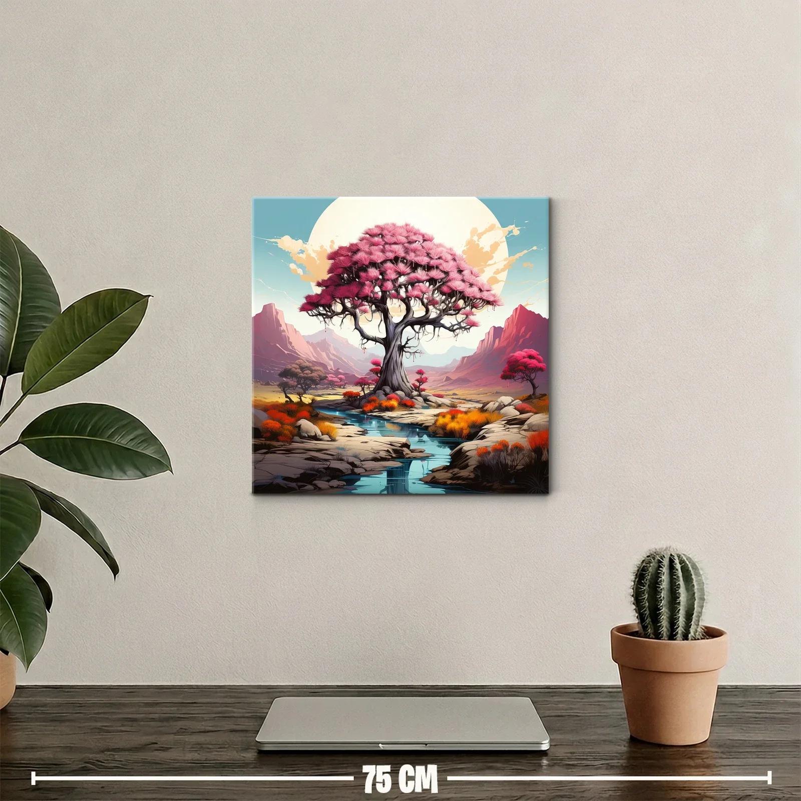 Árbol rosa en paisaje sereno con montañas al fondo — miniatura 2