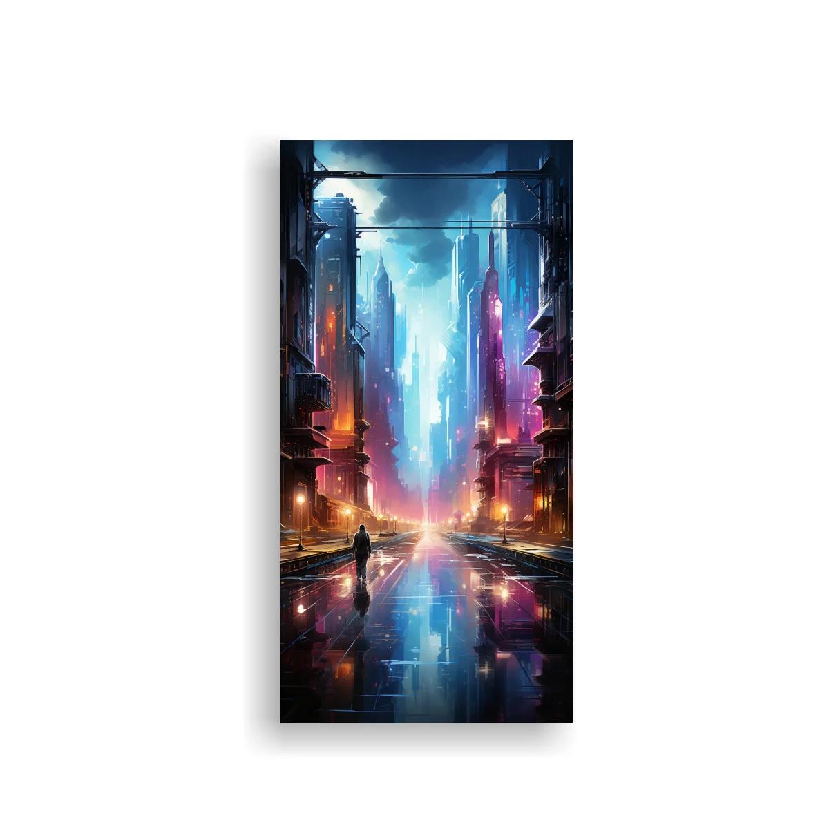 Cuadro ciudad futurista con neblina y reflejos intensos