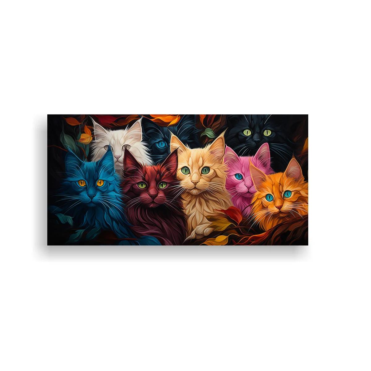 Cuadro grupo de gatos de colores con hojas otoñales
