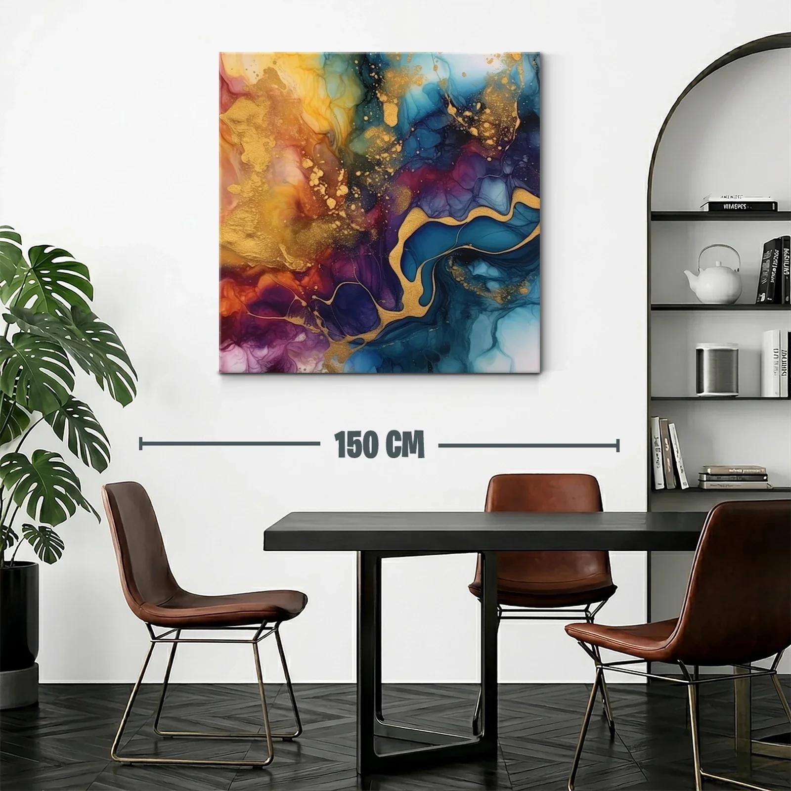 Cuadro abstracto con tonos dorados y azulados vibrantes — miniatura 2