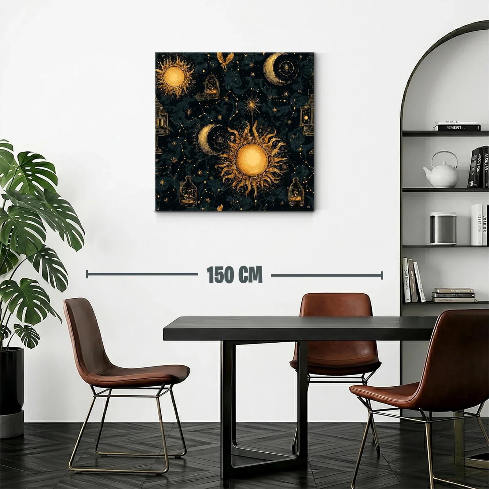 Cuadro celestial con sol y luna en tonos dorados y negros — miniatura 2