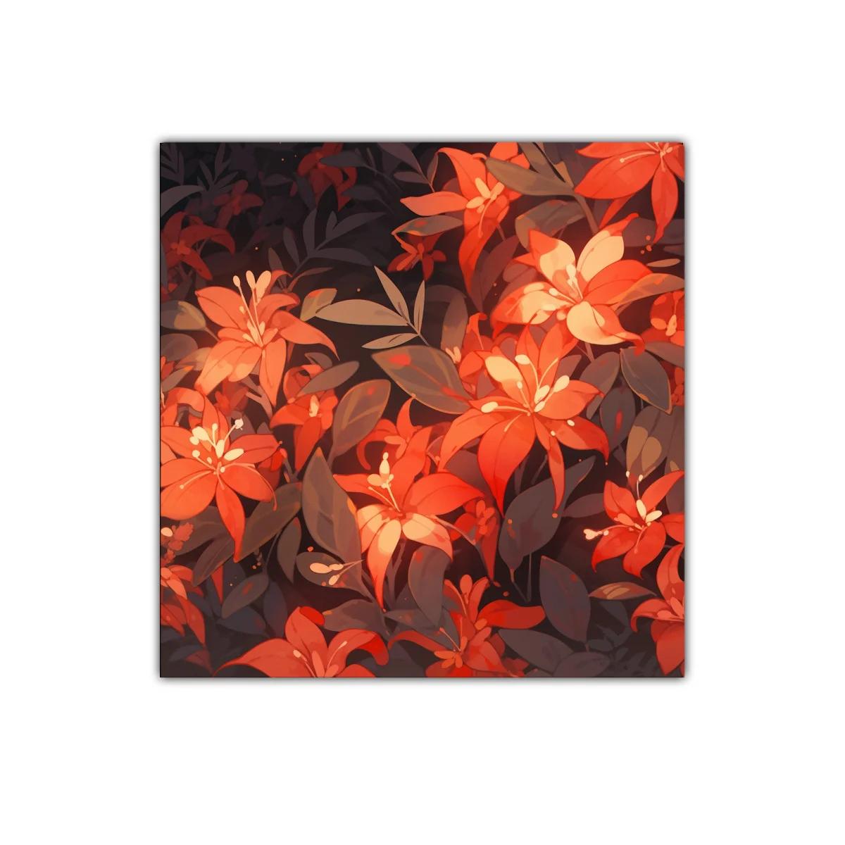 Cuadro de flores vibrantes en tonos cálidos y oscuros