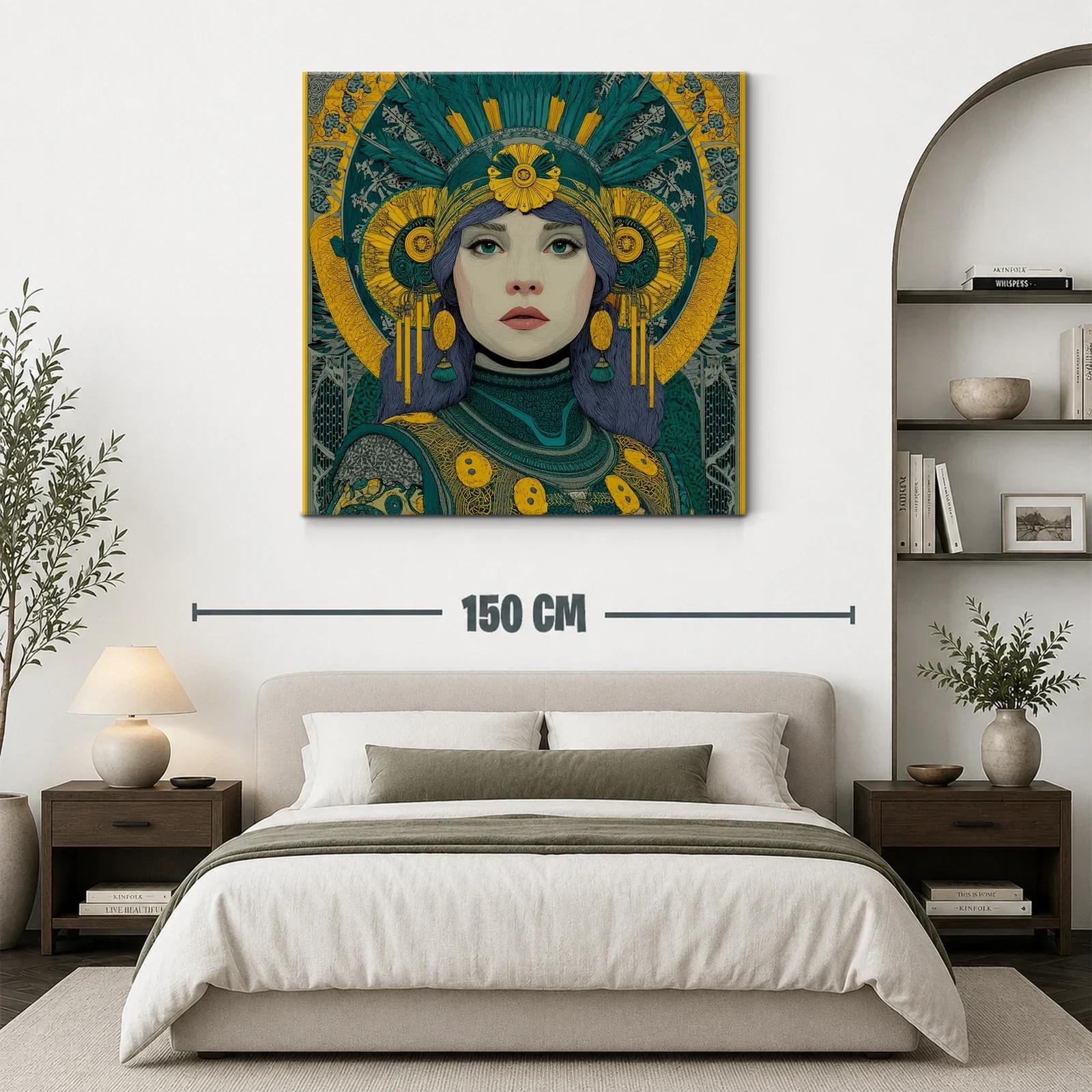 Retrato femenino con detalles ornamentales en tonos verdes y amarillos — miniatura 3