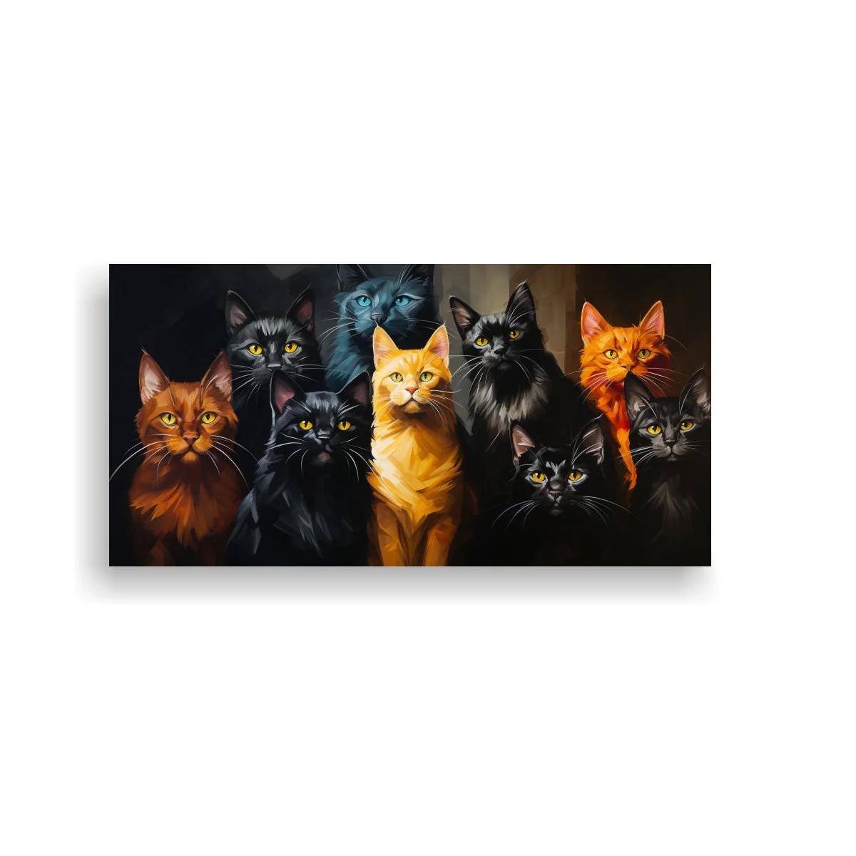 Cuadro grupo de gatos con ojos brillantes y fondo oscuro