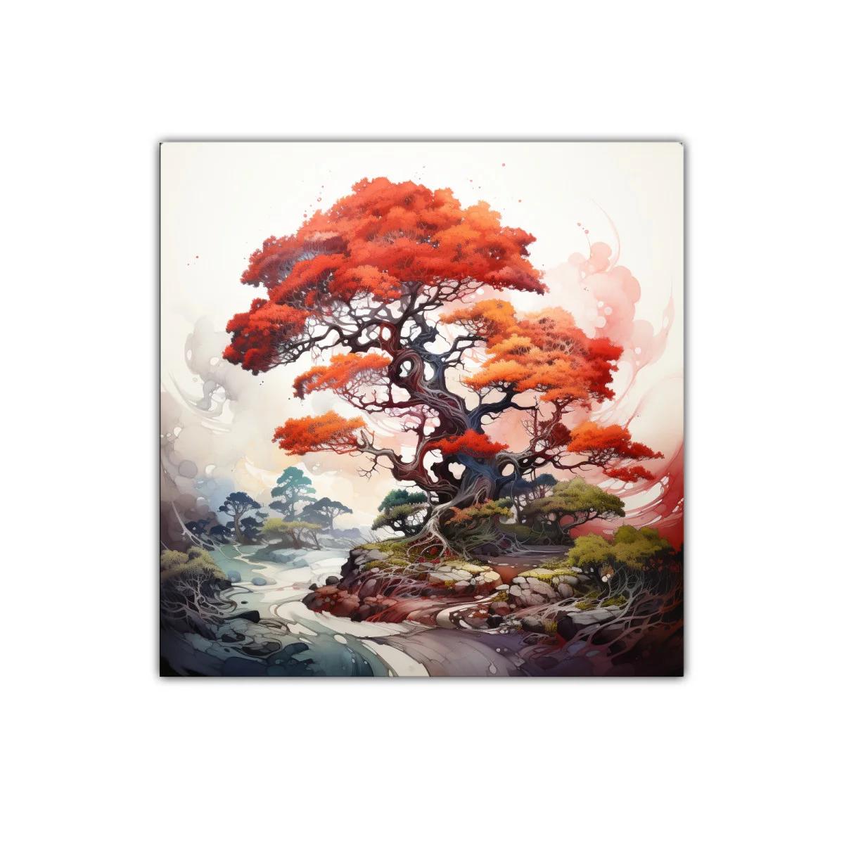 Árbol vibrante con follaje rojo intenso y paisaje onírico — imagen principal