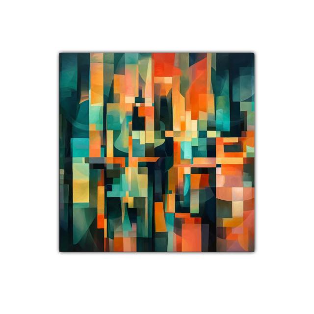 Cuadro abstracto vibrante con bloques de color en tonos cálidos