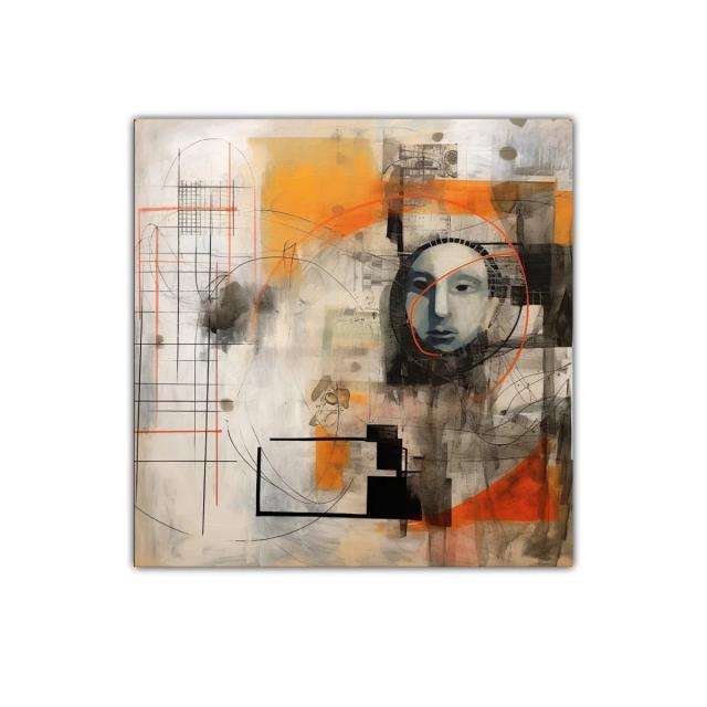 Cuadro abstracto con rostro y formas geométricas naranja y negro