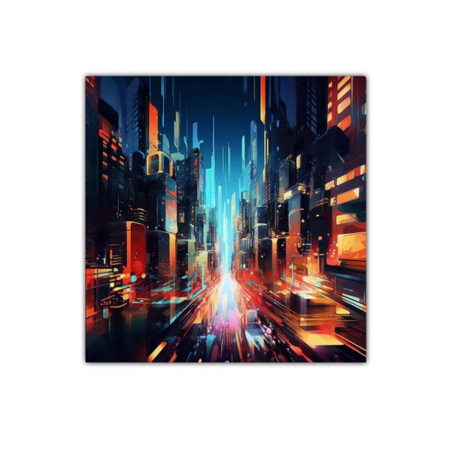 Ciudad futurista con luces vibrantes en movimiento rápido