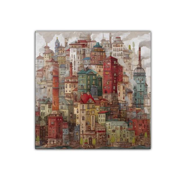 Ciudad onírica de casas densas y chimeneas humeantes