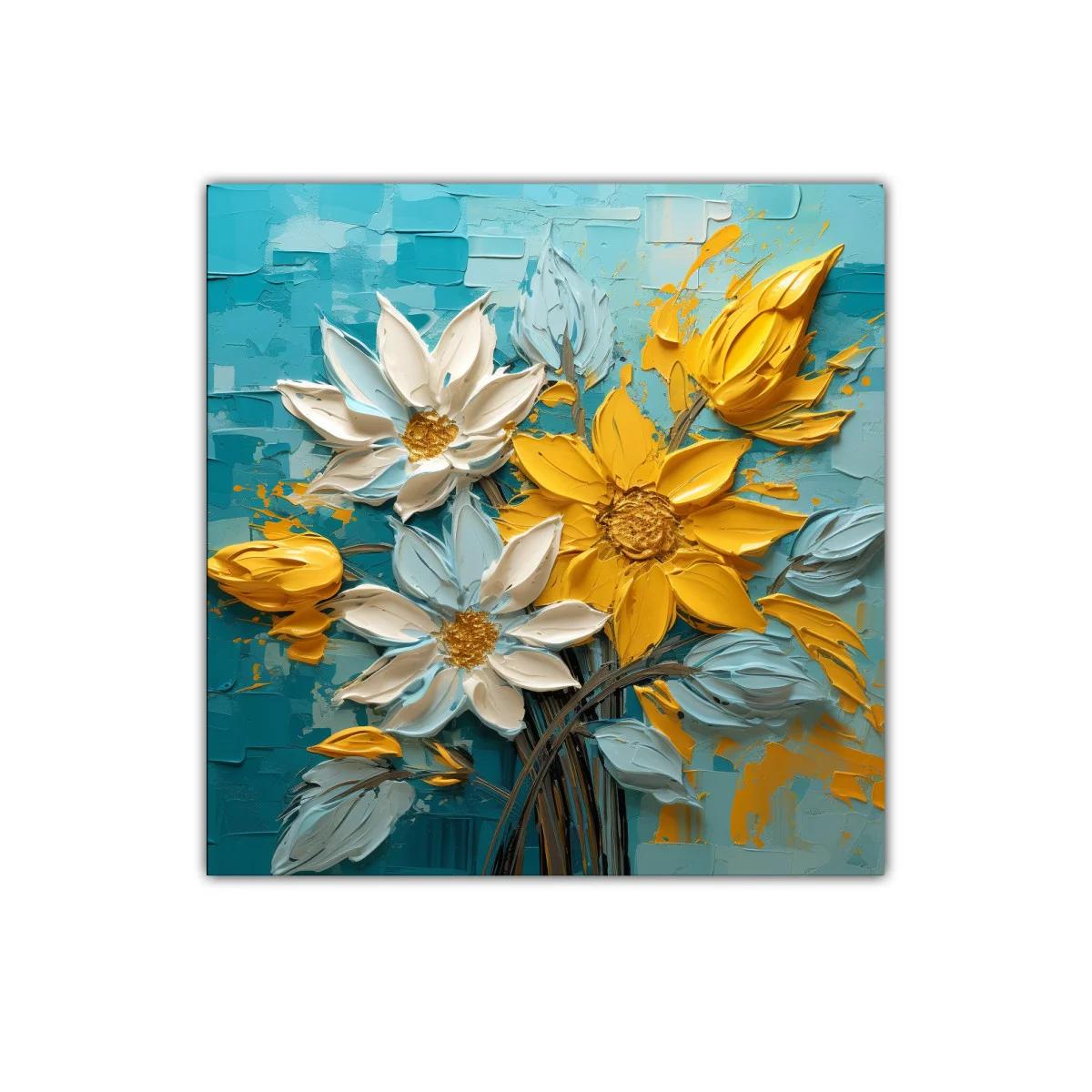 Cuadro floral vibrante con tonos amarillos y azules — imagen principal