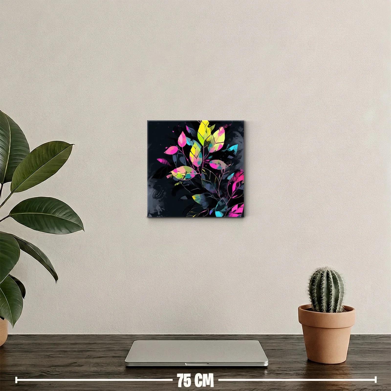Cuadro decorativo con hojas en tonos neón sobre fondo oscuro — miniatura 2