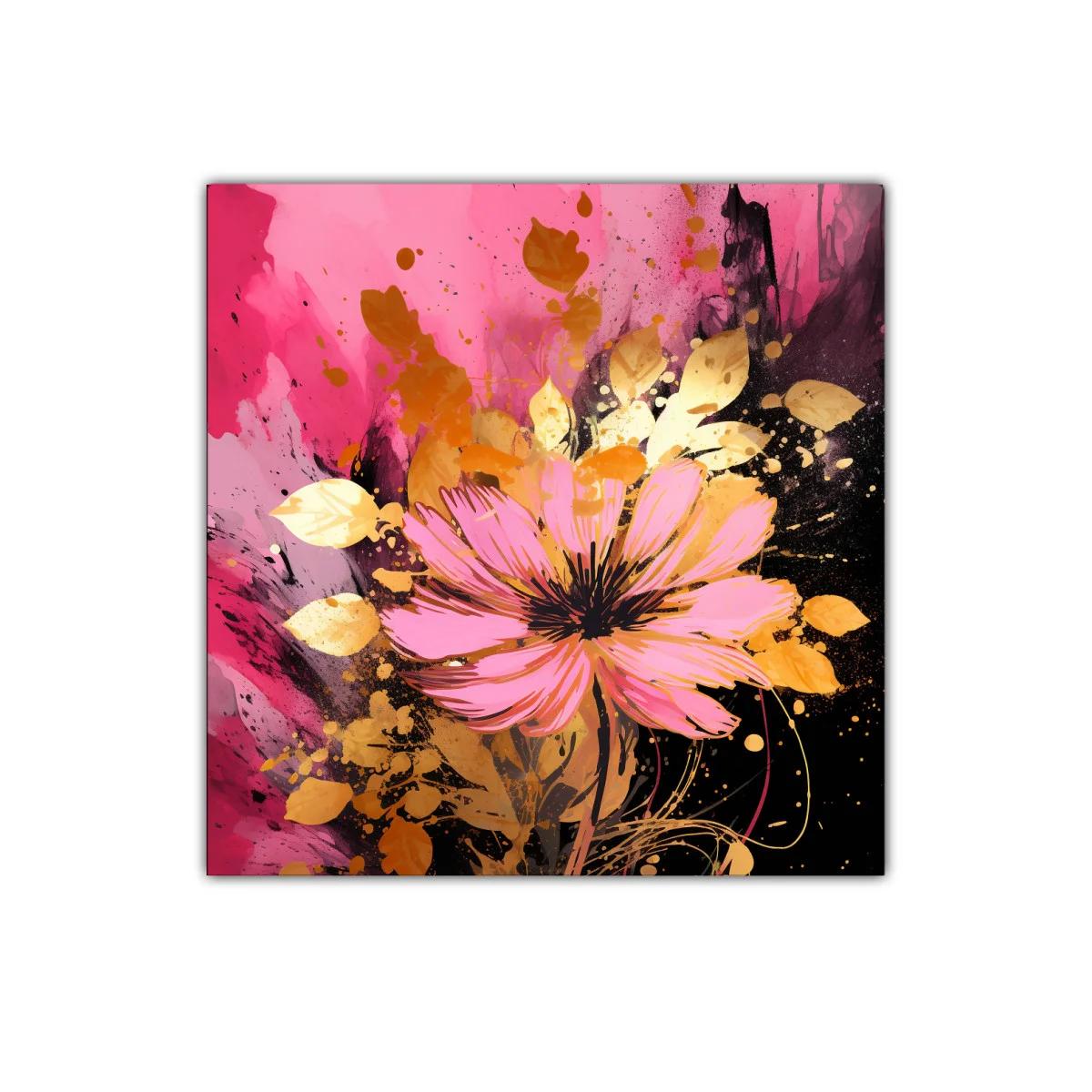 Impactante cuadro de flor rosa con detalles dorados vibrantes — imagen principal