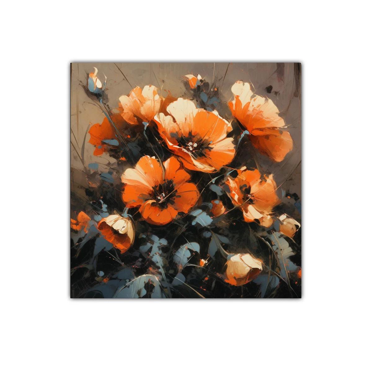 Cuadro decorativo con vibrantes flores en tonos naranjas y grises