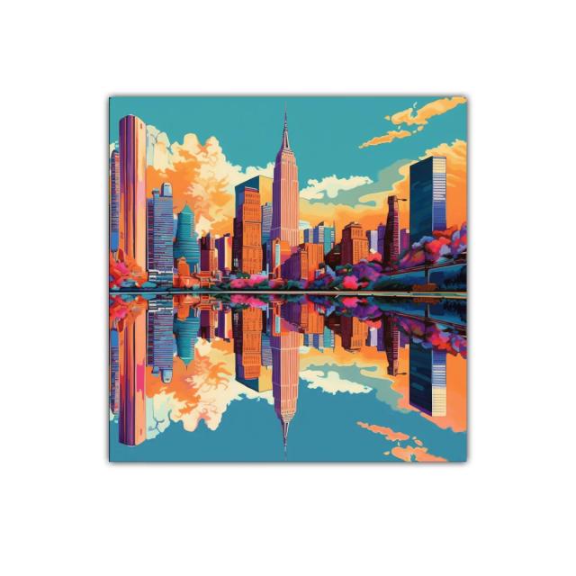 Paisaje urbano vibrante con reflejo en el agua