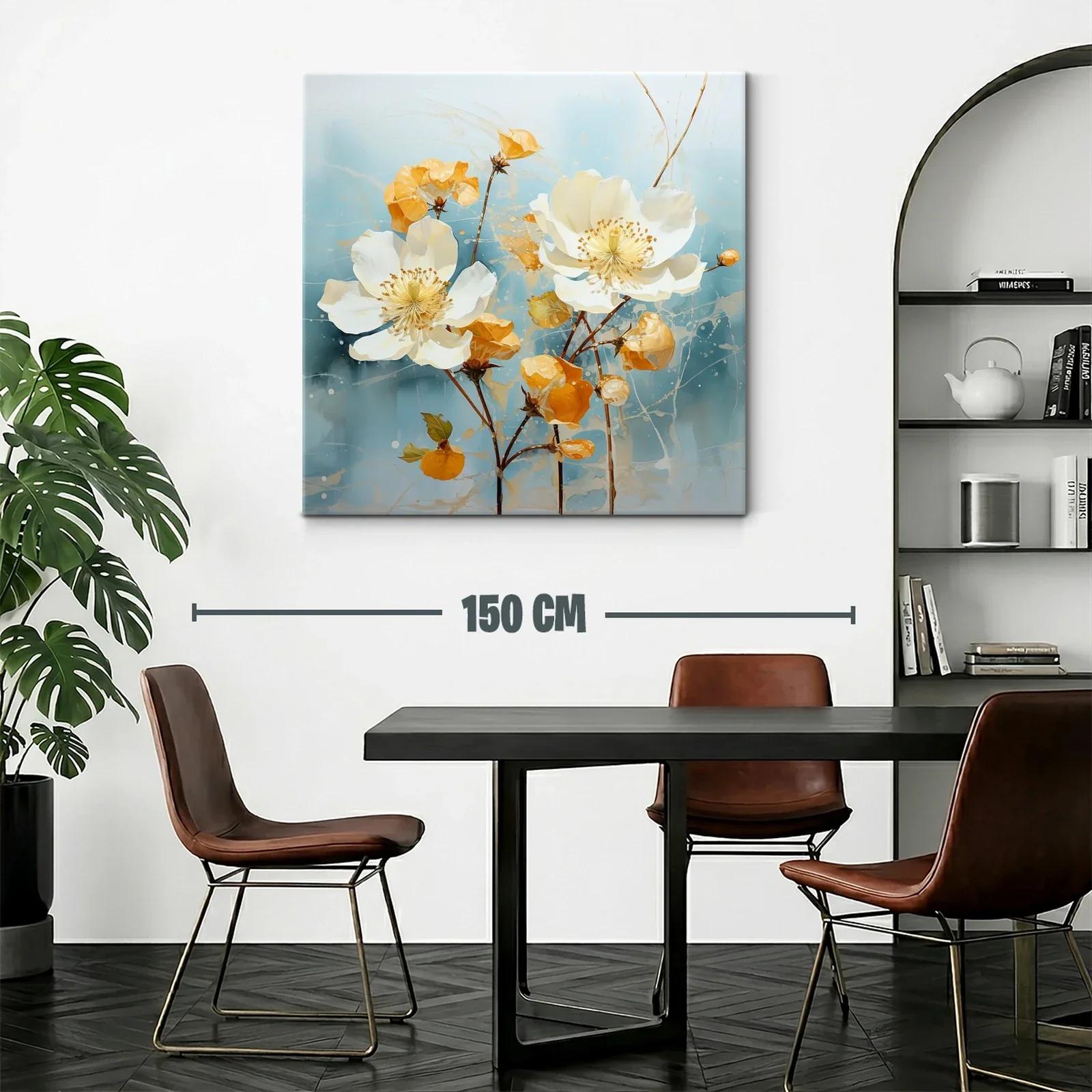 Cuadro con flores blancas y tonos cálidos sobre fondo azul — miniatura 2