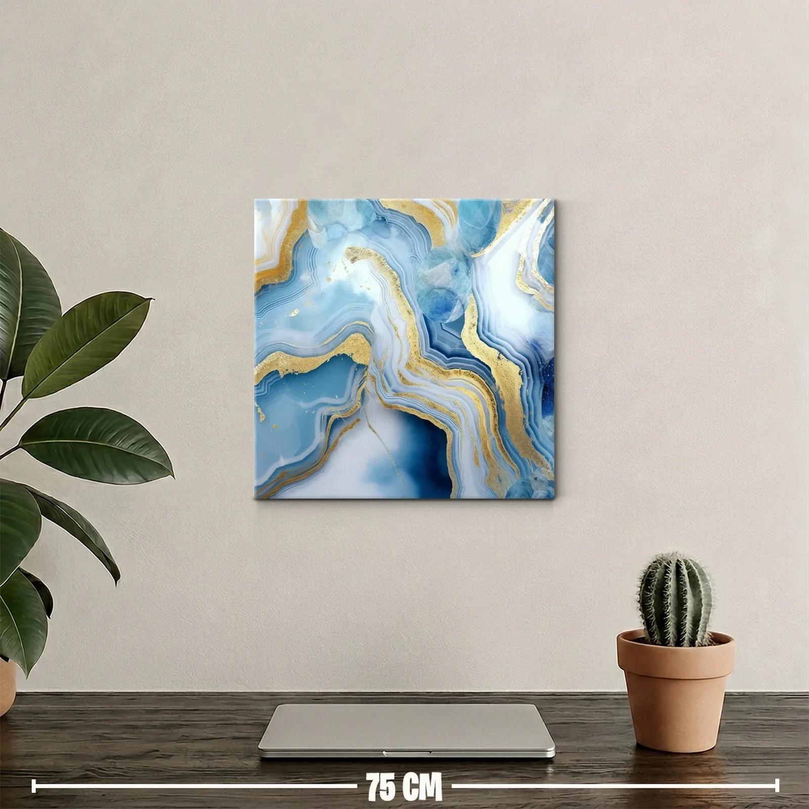 Cuadro abstracto con vetas azules y doradas vibrantes — miniatura 2