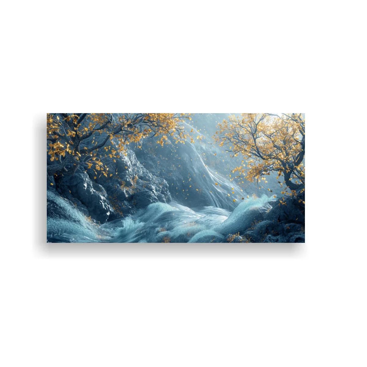 Cuadro cascada en un bosque iluminada por haces de luz