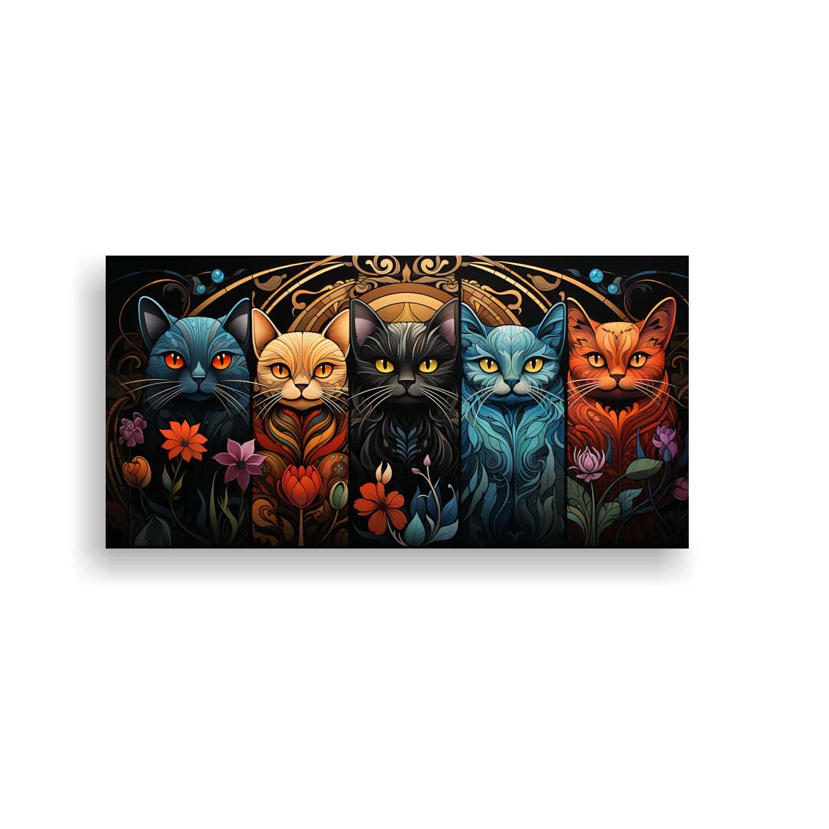 Cuadro cinco gatos con arabescos y flores