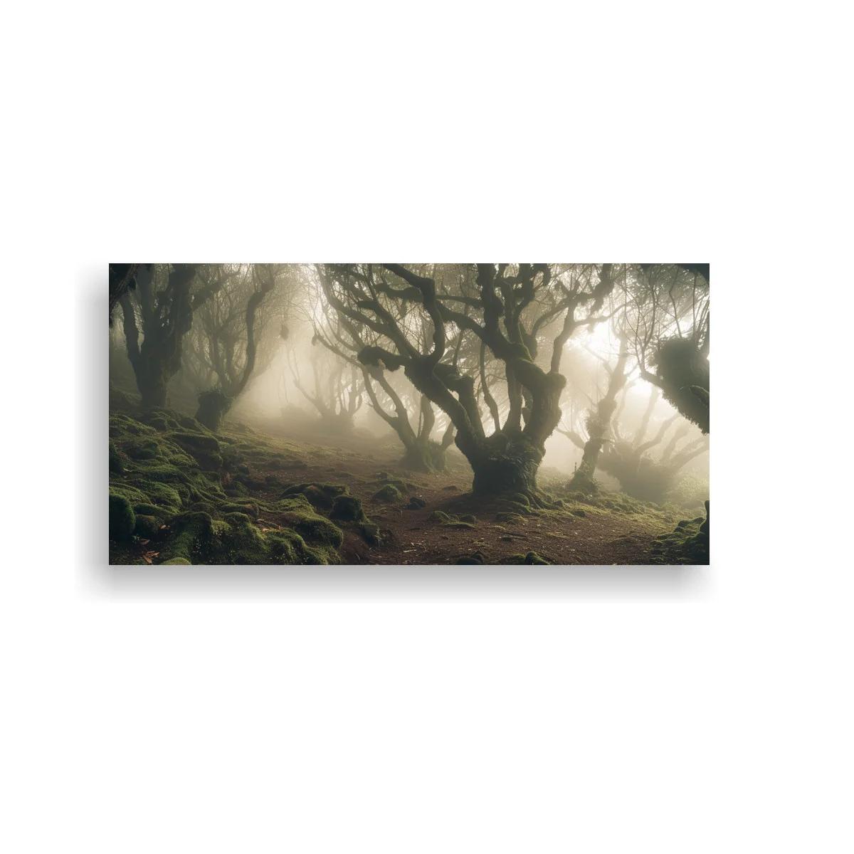 Cuadro bosque brumoso con sendero entre árboles retorcidos