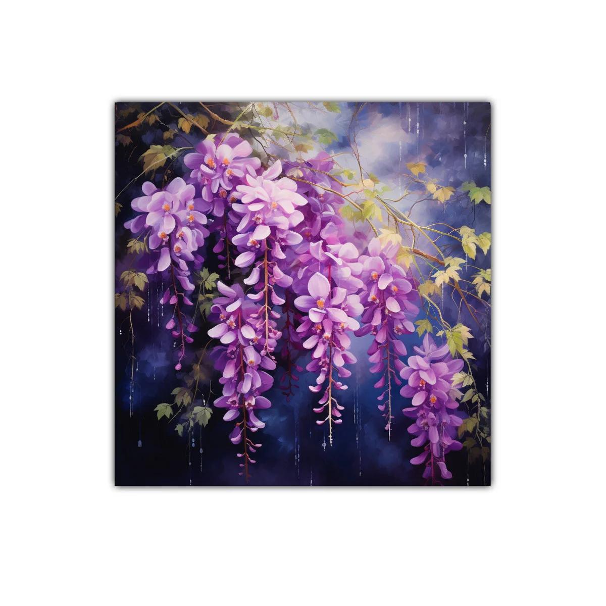 Cuadro floral con cascada de flores lilas y hojas verdes — imagen principal