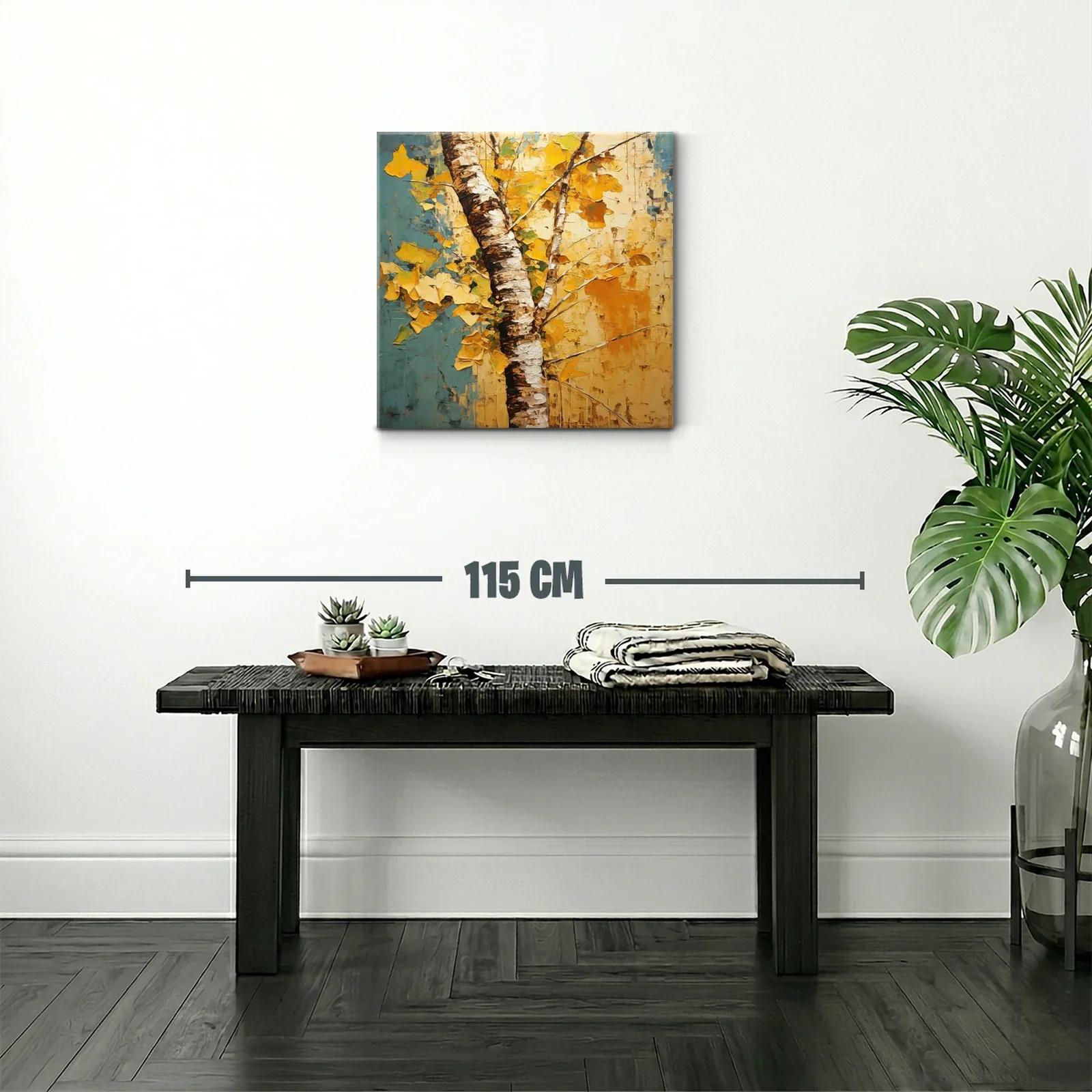 Árbol otoñal con hojas doradas y fondo azul y amarillo — miniatura 2