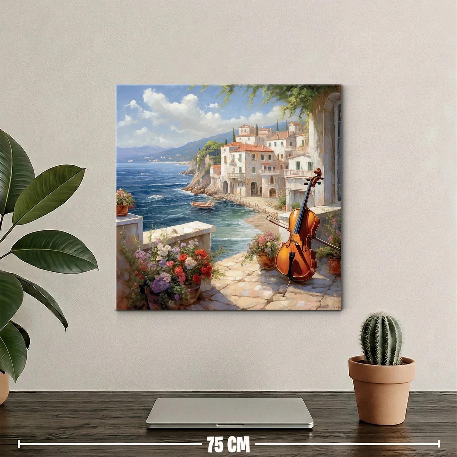 Paisaje costero con violonchelo y flores en primer plano — miniatura 2