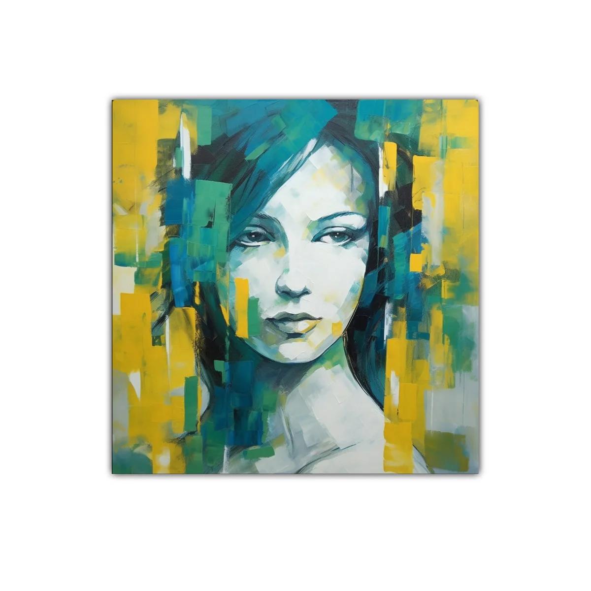 Retrato abstracto femenino con tonos vibrantes y expresivos