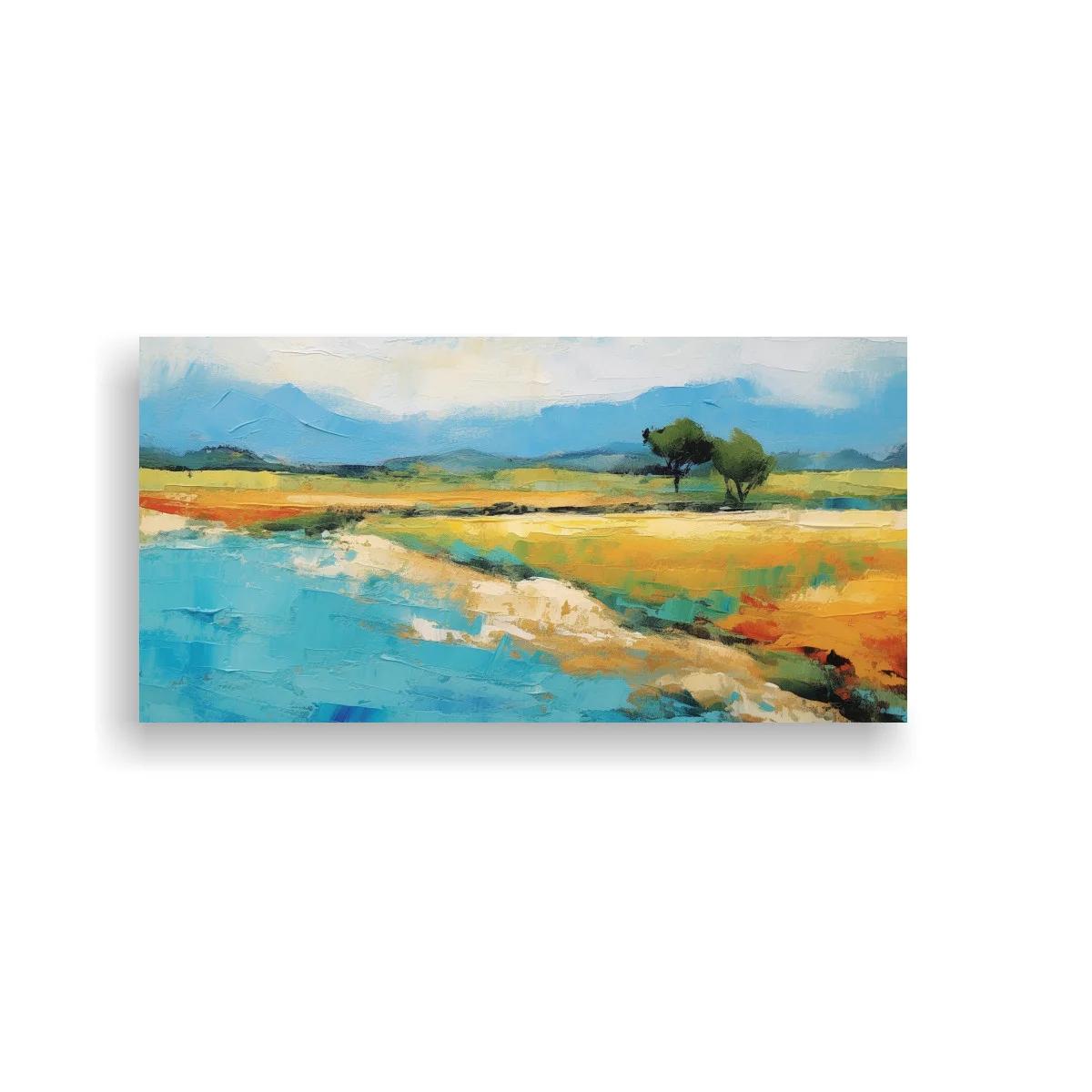 Cuadro paisaje con lago y árboles y campos amarillos